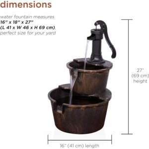 Outdoor Floor Rustic 2-Tiered Barrel and Pump Water Fountain, 27